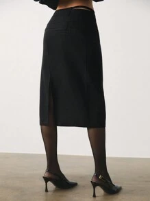 SHEIN Unity Saia feminina de cintura baixa e cor sólida, adequada para deslocamento diário - Preto - Ver 3