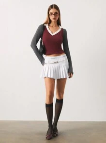 SURIMA Camiseta larga de manga larga con cuello en V, de terciopelo acanalado y bloque de color, cálida, para otoño/invierno, para mujer
