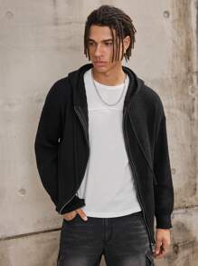 Forever 21 Men's Boxy Oversized Zip Through Hoodie Cardigan In Black Fall/Winter - Black - View 5