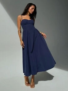 Aloruh 純色細肩帶百褶中長裙，適合日常休閒穿著 - 藏蓝色 - 查看 3