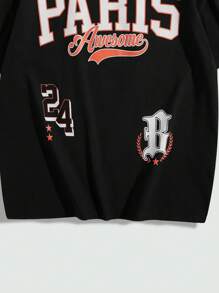 SHEIN Camiseta de manga corta con caída de hombros, estampado de letras en unicolor y ajuste suelto para niño adolescente - Negro - Ver 3