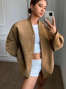 DAZY 女士纯色宽松长袖口袋棒球夹克，秋季女装