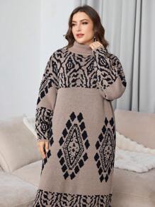 Lacomfia Váy suông cổ cao họa tiết khối màu cỡ lớn, cho mùa đông - Màu nâu  Mocha - Xem 6