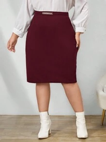 SHEIN Clasi Váy chữ A thường ngày trang trí kim loại cỡ lớn cho nữ - Màu Đỏ Sâu - Xem 1