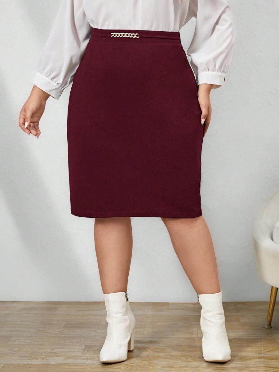 SHEIN Clasi Váy chữ A thường ngày trang trí kim loại cỡ lớn cho nữ - Màu Đỏ Sâu - Xem 1