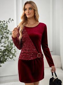EMERY ROSE Vestido corto de manga larga, elegante y casual, con parches de lentejuelas, para otoño