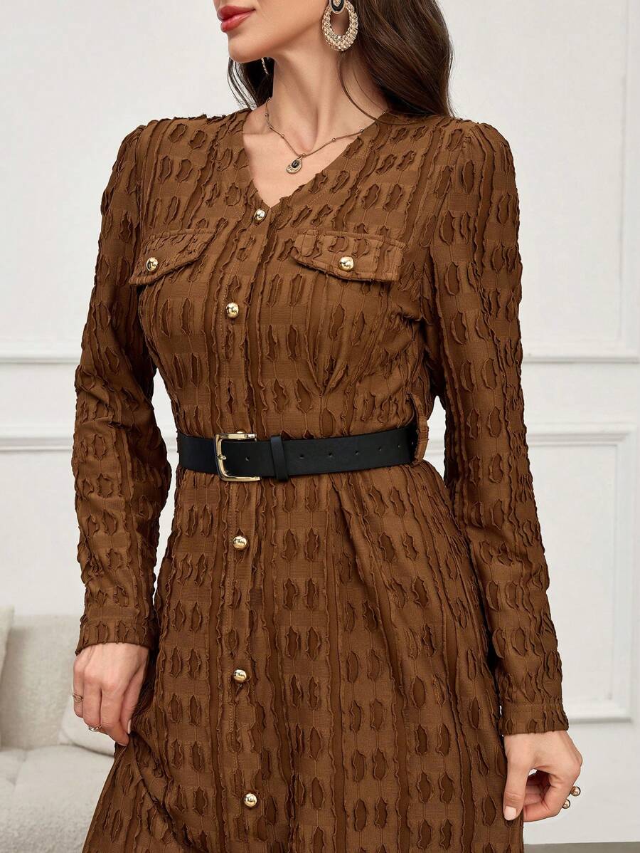 Seusyu Váy cổ chữ V buộc eo thắt eo cho nữ, váy dài tay vừa vặn cao cấp 2024 - Màu Khaki - Xem 1