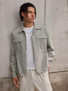 Forever 21 男士休闲工作服款式 + 袖子带有多功能口袋绿色宽松斜纹工作服夹克，适合秋季穿着 - 薄荷綠 - 查看 6