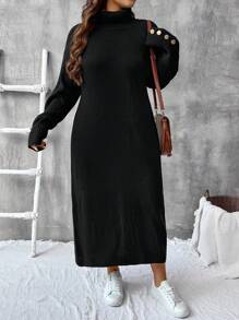SHEIN VCAY Đầm dài tay cổ cao màu đen cỡ lớn cho nữ, giản dị và thoải mái, mùa thu/đông - màu đen - Xem 5