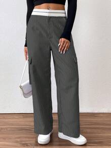 Flirla Women Striped Print Casual Straight Leg Pants With Pockets