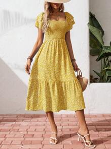 Breezaya 夏季休闲假日碎花荷叶边袖直筒连衣裙超长度假海滩装女装 - 黃色 - 查看 5