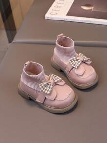 1 par Botas cortas con decoración de lazo rosa para niñas, botas de calcetines de punto para niños, botas de princesa de suela blanda para bebés - Rosa - Ver 3