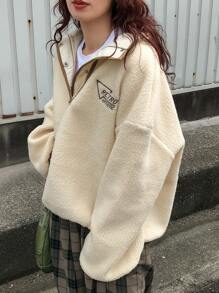 FRIFUL 女士休闲字母刺绣撞色滚边宽松高领泰迪绒卫衣，秋冬季，长袖上衣，保暖内衬