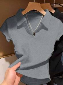 SHEIN Essnce V 领短袖 T 恤，女式夏季修身短款 Polo 衫