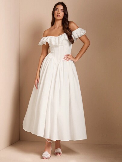 SHEIN BAE Elegant Off-Shoulder Contrast Lace Slim Fit Romantic Long Bubble Dress, Suitable For Graduation Party, Formal Occasions, Cocktail Party, Romantic Date, Autumn Winter Underlay Dress, Party, Nightclub, Formal Gathering, Bridesmaid Dress, Evening Dress, Halloween Dress, Christmas Dress