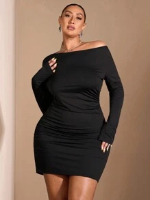 SHEIN BAE Robe mini en tricot élastique froncée, sexy, avec col drapé, épaules dénudées, manches longues, pour femmes grandes tailles, automne-hiver - Noir - Voir 3