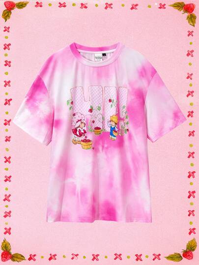 Strawberry Shortcake X SHEIN 1pc Unisex Casual Loose Knit Character Strawberry Print Tie Dye Pink Short Sleeve T-Shirt