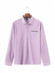 Manfinity Homme 男士休闲几何印花拼布 Polo 衫，秋季 - 淡紫色 - 查看 4