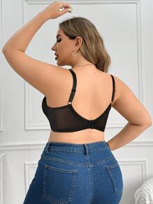 1 pieza Sujetador de lencería con soporte de aros, cómodo y transpirable, sin costuras, con diseño de encaje, para tallas grandes - Negro - Ver 2