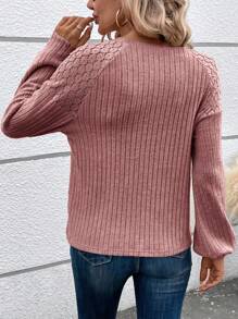 SHEIN LUNE 大码杏色蕾丝拼布纹理女式长袖 T 恤粉色 - 藕粉色 - 查看 2