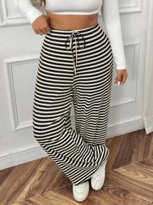 SHEIN EZwear Plus Size Casual Striped Straight Leg Pants, Autumn