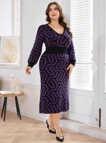 Modelyn Plus Size Women Full Pattern V-Neck Fitted Sweater Dress - Purple - View 5