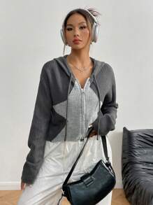 SHEIN Unity Sudadera con capucha y cremallera de uso diario casual con estampado de estrellas y cordón, para otoño/invierno - Gris - Ver 7