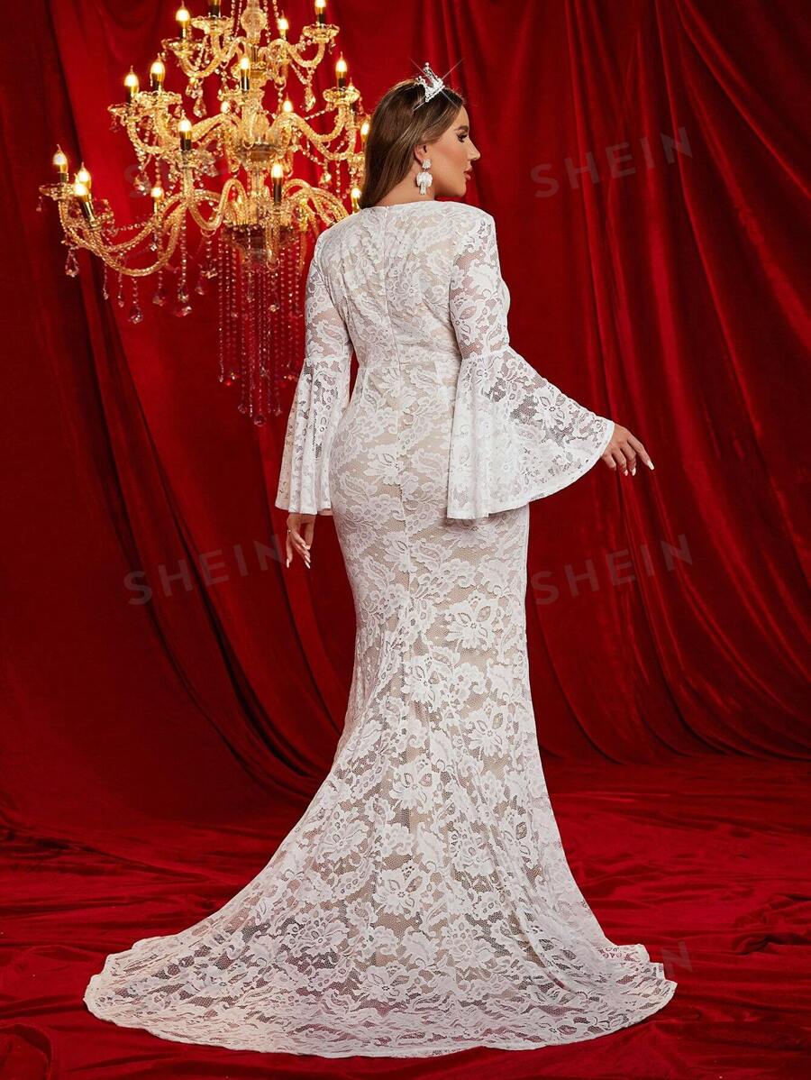 SHEIN Belle Plus Size Elegant Luxurious VNeck Ruffle Lace Sheer French