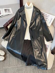 SHEIN Serisse Kids 青少年女孩纯黑色宽松休闲舒适缺口领超大长款 PU 皮革外套 - 黑色 - 查看 2