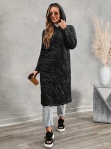 SHEIN LUNE Áo khoác ấm áp có mũ trùm đầu túi chéo giản dị dành cho nữ - màu đen - Xem 4