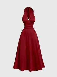 SHEIN MOD Women's Retro Lace Trim, Bow Back Tie, Ruched Detail Fitted Satin Halter Midi Dress,Sexy Dress,Prom Dress,Bridesmaid Dress,Homecoming Dresses,Semi Formal Dress