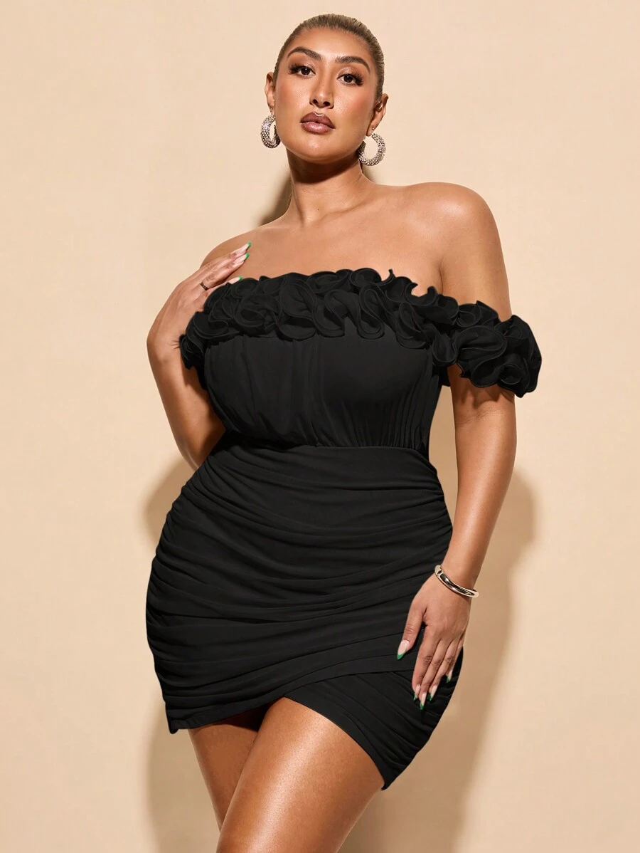 SHEIN BAE Plus Size Women's Summer Dresses - Pink Dress, Sexy Off Shoulder Ruffle Trim Bodycon Dress, Wrap Mini Dress - Black - View 1