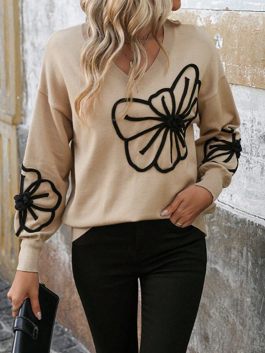 EMERY ROSE 大码女式杏色花卉刺绣 V 领休闲套头毛衣，适合日常和家居穿着，适合冬季 - 杏色 - 查看 1