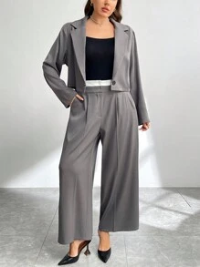 SHEIN Privé Plus Size Women Fashion Simple Gray 2Pcs Set, Formal Work Outfit, Thin Gray Jacket And Wide Leg Pants For Early Autumn Streetwear - Red Violet - View 4