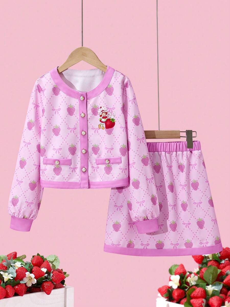 Strawberry Shortcake X SHEIN 少女卡通草莓全身印花甜美可爱夹克和裙子套装 - 彩色 - 查看 1