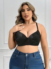 1 pieza Sujetador de lencería con soporte de aros, cómodo y transpirable, sin costuras, con diseño de encaje, para tallas grandes - Negro - Ver 4