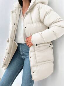 EURMUSE 女士纯色拉链休闲日常夹克，简约时尚，冬季 - 杏色 - 查看 5