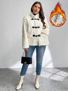 SHEIN Privé Chaqueta de punto tipo cardigan con cuello de pelo esponjoso, corte holgado, para otoño e invierno, tallas grandes - Camel - Ver 5