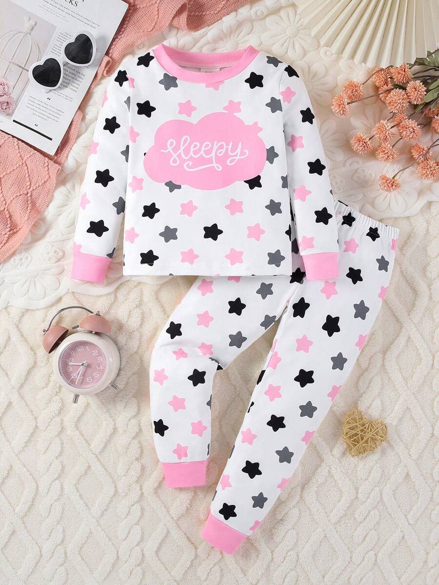 Conjuntos a juego para hermanos (se venden por separado 2 sets) Conjunto de pijama de 2 piezas de niña joven con pantalón largo y top de manga larga con estampado minimalista de estrellas en un diseño cómodo y ajustado - Rosa - Ver 1