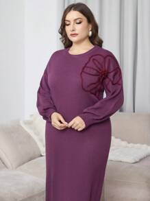 Modelyn 大码女式优雅圆领刺绣装饰长袖针织毛衣连衣裙 - 中紫紅色 - 查看 5