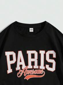 SHEIN Camiseta de manga corta con caída de hombros, estampado de letras en unicolor y ajuste suelto para niño adolescente - Negro - Ver 4