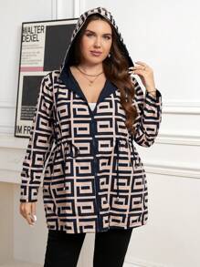 SHEIN Clasi Plus Size Women Geometric Print Long Sleeve Drawstring Waist Reversible Hooded Jacket, Casual For Autumn - Navy Blue - View 12