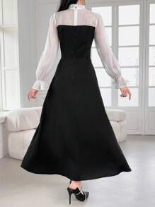 SHEIN Teen Girl Elegant Elegant Front Tie Bow Plaid Ruched Dress - Black and White - View 2