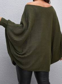 SHEIN CURVE+ Áo len chui đầu dáng rộng, màu trơn, không đối xứng, tay cánh dơi, kiểu dáng tối giản, thích hợp mặc mùa thu đông. - xanh quân đội - Xem 2