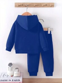 男婴套装，休闲别致巴黎彩色块字母连帽衫 - 藍色 - 查看 2