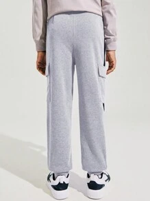 SHEIN Tween Boy 休闲宽松深灰色花朵配黑色罗纹带口袋慢跑运动裤运动服，适合学校、家居、休闲、运动、生日派对、郊游，百搭简约设计 - 淺灰色 - 查看 4