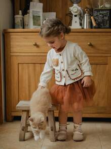 SHEIN 2 件装女婴花朵印花泰迪开衫和薄纱连衣裙套装，春秋 - 彩色 - 查看 7