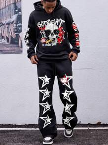 Manfinity EMRG Plus Size Men's Letter & Skull Graphic Drawstring Hooded Top And Sweatpants Set, Casual Autumn Outfit - Black - View 2