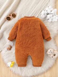 男婴可爱卡通 3D 熊刺绣棕色毛绒连体衣 - 棕色 - 查看 2
