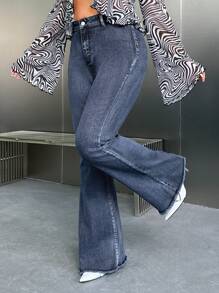 SHEIN ICON Plus Size Front Button Simple Flared Jeans, Casual Daily Wear